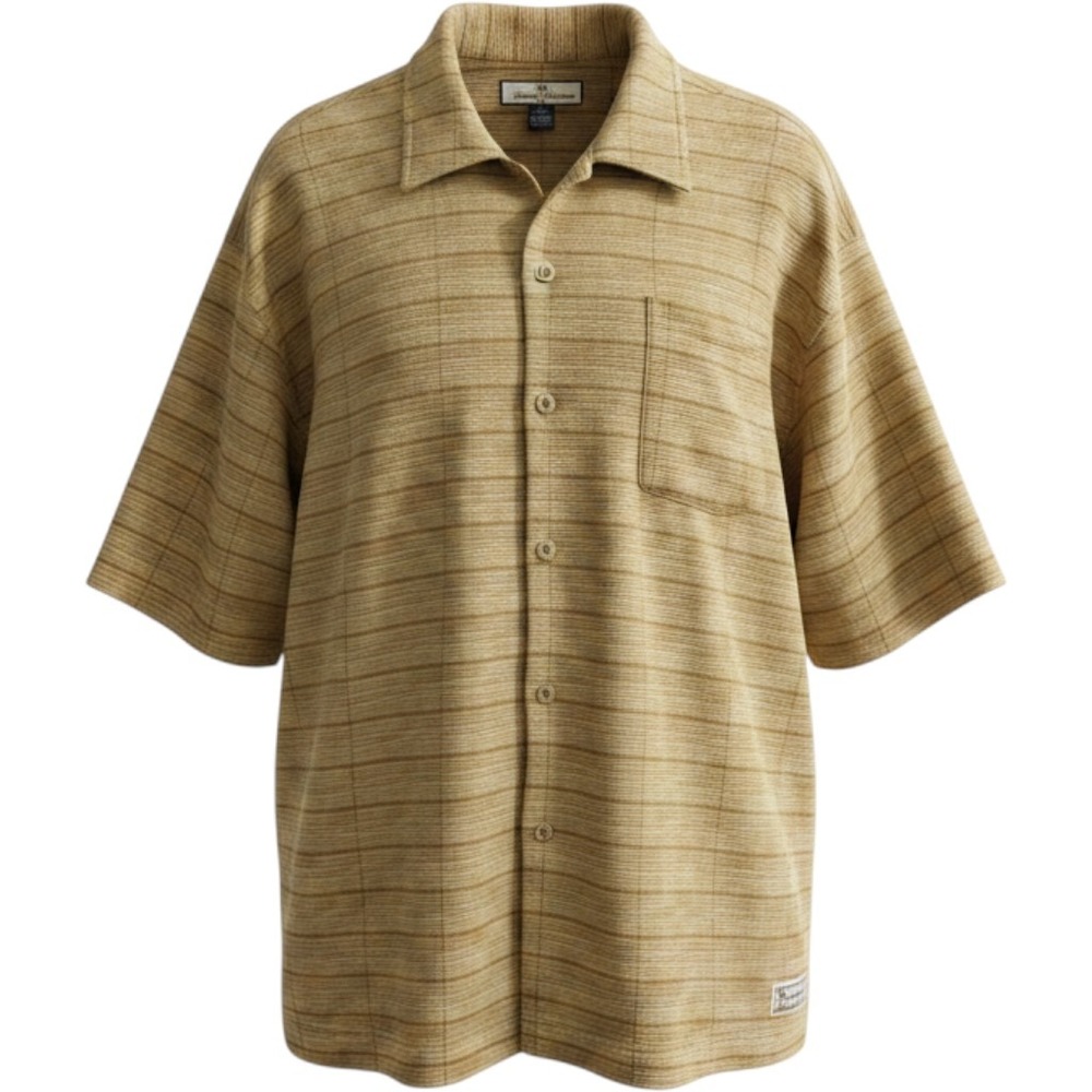 Tommy Bahama Mens XL Silk Cotton Blend Textured Stripe Camp Shirt Tan Brown